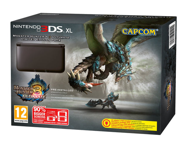 Nintendo 3DS XL console, zwart, Monster Hunter 3 Ultimate Edition, doos voorkant, tweedehands