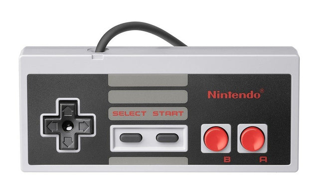 Nintendo Classic Mini NES controller, grijs met rode knoppen en Nintendo-logo, voorkant, tweedehands