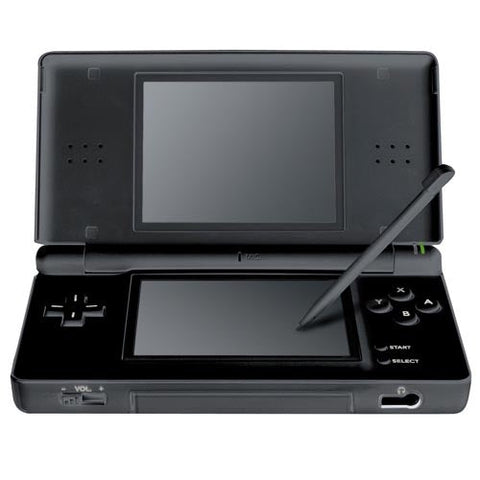 Nintendo DS Lite console, zwart, opengeklapt met stylus op het onderste scherm, tweedehands