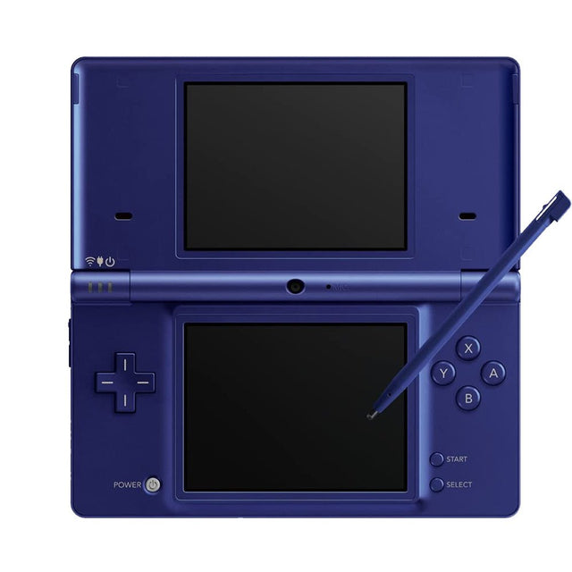 Nintendo DSi console, blauw Metallic Blue, opengeklapt met stylus, voorkant, tweedehands