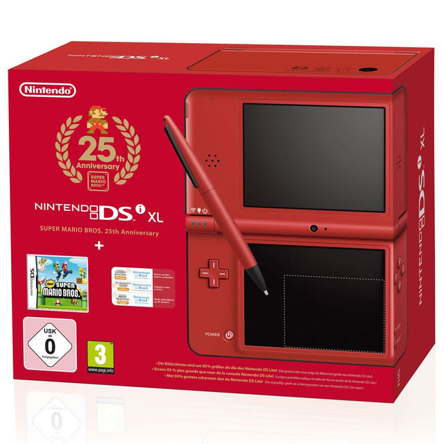 Nintendo DSi XL console, Super Mario Bros 25th Anniversary Edition, rood, doos voorkant, tweedehands