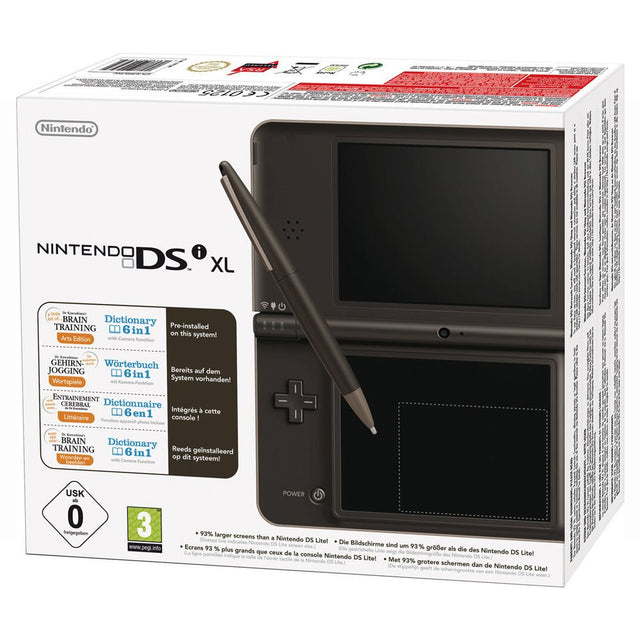 Nintendo DSi XL console, donkerbruin, doos voorkant, tweedehands
