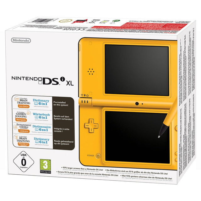 Nintendo DSi XL console, geel, doos voorkant, tweedehands