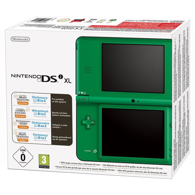 Nintendo DSi XL console, groen, doos voorkant, tweedehands