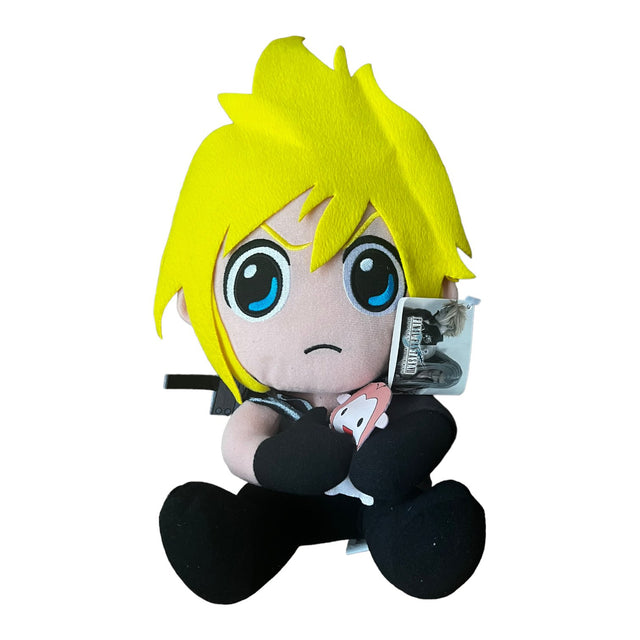 Final Fantasy VII Advent Children knuffel Cloud Strife 35 cm, zittend met geel piekhaar, zwart pak en kaartje eraan