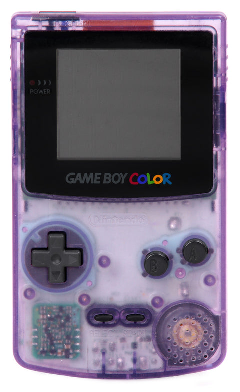 Nintendo Game Boy Color console, transparant paars, voorkant met scherm aan, tweedehands