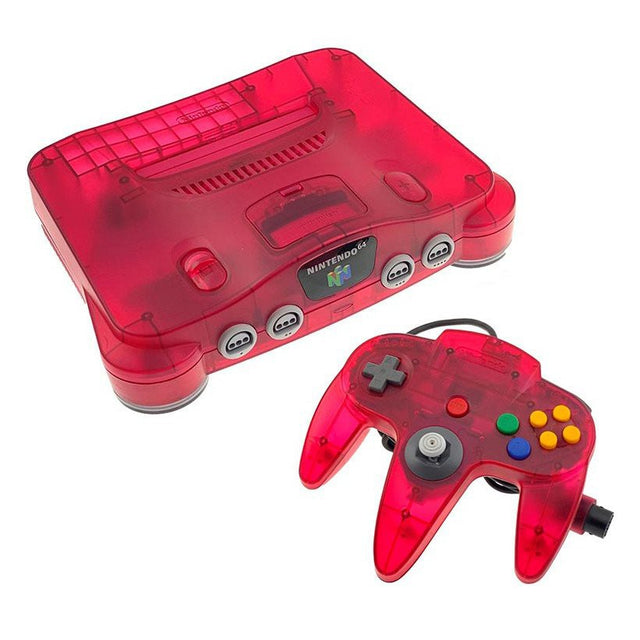 Nintendo 64 N64 console, rood Watermelon Red doorzichtig, met bijpassende controller ervoor, tweedehands