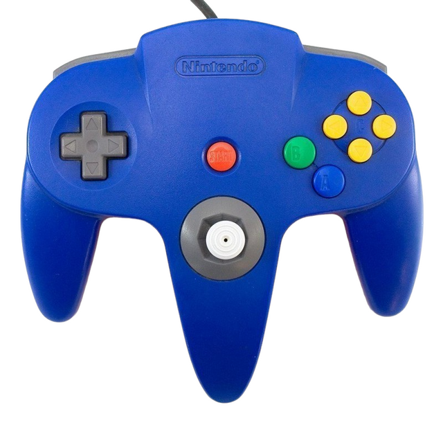 Nintendo 64 controller, blauw, voorkant met stick en gele C-knoppen