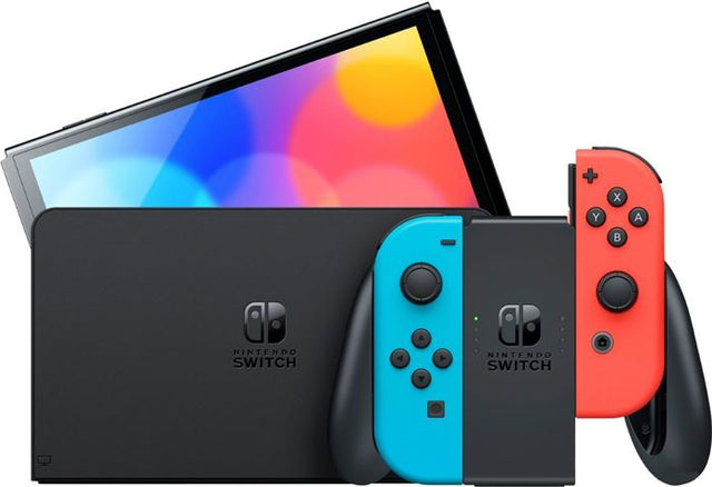Nintendo Switch OLED console, blauw-rood, dock met scherm en Joy-Cons in de grip, tweedehands