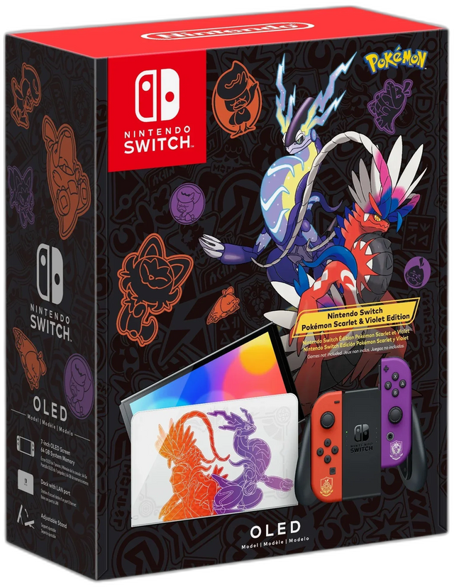 Nintendo Switch OLED console Pokémon Scarlet & Violet Edition, doos voorkant, nieuw in verpakking