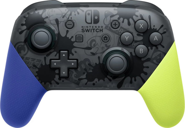 Nintendo Switch Pro Controller Splatoon 3 Edition, zwart met blauwe en gele handgreep, voorkant, tweedehands