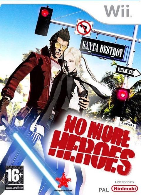 Nintendo Wii No More Heroes van Rising Star Games, doos voorkant met Travis en Santa Destroy-bord, tweedehands
