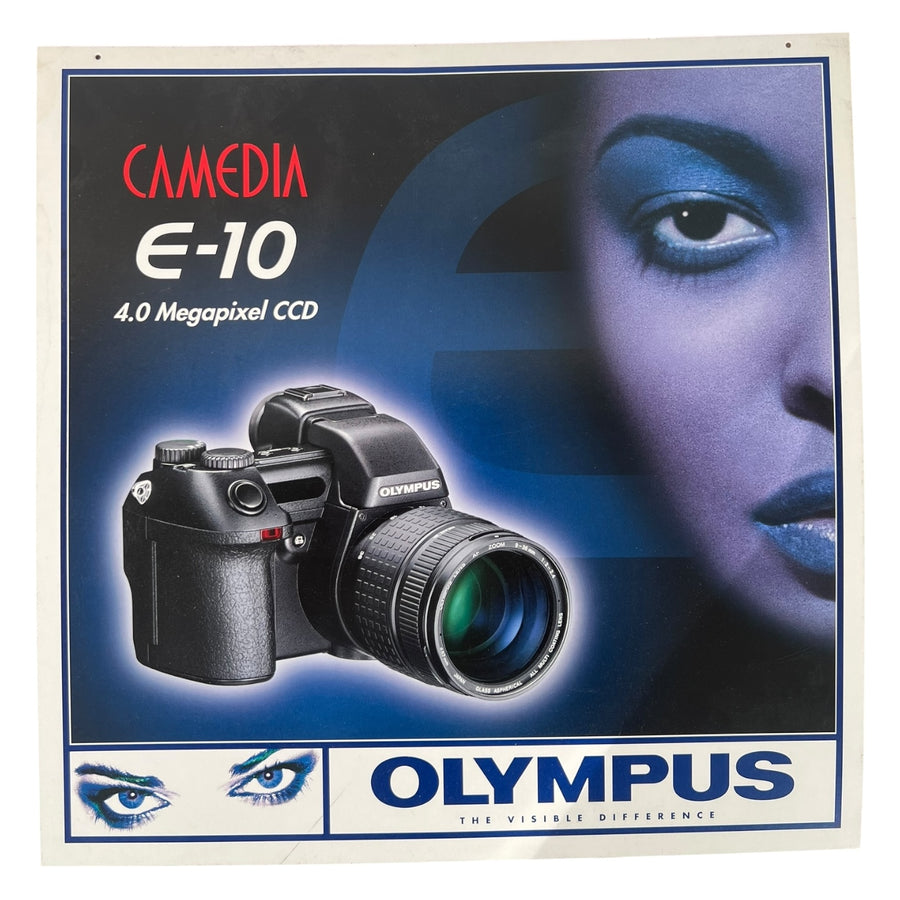 Olympus-Camedia E-10 + E-100RS Promotiebord – Vintage Display – 2-Zijdig Karton Bord Tweedehands