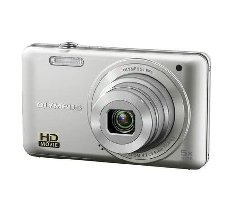 Olympus D-715 Zoom compactcamera, zilver, voorkant met Olympus 5x groothoekzoomlens en HD Movie-logo