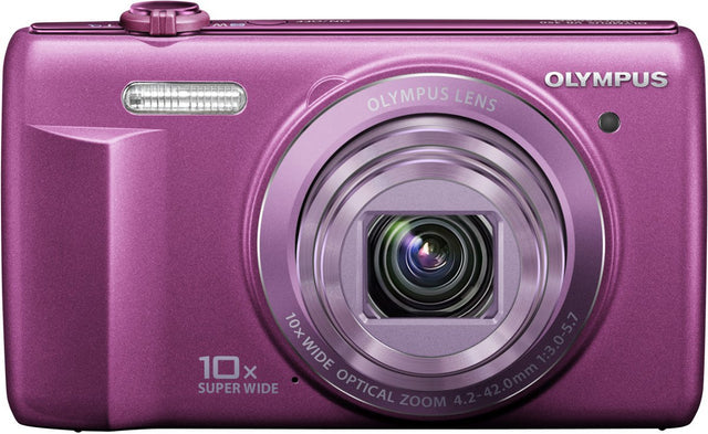 Olympus D-755 digitale compactcamera, paars, voorkant met 10x zoomlens