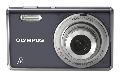 Olympus FE-4000 digitale compactcamera, grijs, voorkant met 4x wide zoomlens en fe-logo