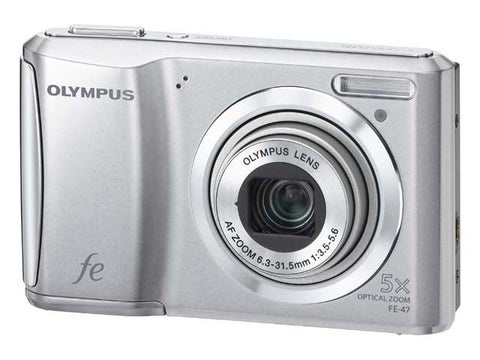 Olympus FE-47 digitale compactcamera, zilver, voorkant met 5x zoomlens, tweedehands