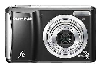 Olympus FE-47 digitale compactcamera, zwart, voorkant met 5x zoomlens, tweedehands