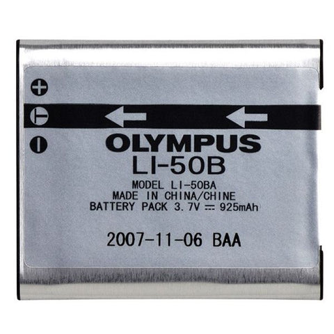 Olympus LI-50B accu, past ook op Panasonic VW-VBX090, zilveren accu met opdruk 3,7 V 925 mAh