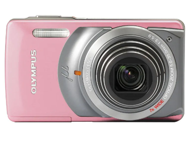 Olympus mju-7010 digitale compactcamera, roze, voorkant met 7x groothoekzoomlens