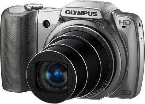 Olympus SZ-10 digitale compactcamera, zilver, voorkant met uitgeschoven superzoomlens, tweedehands