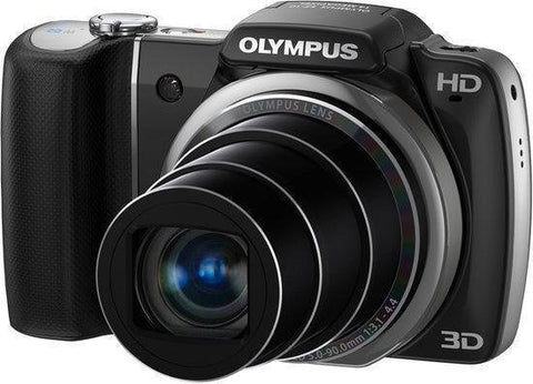 Olympus SZ-10 digitale compactcamera, zwart, voorkant schuin met uitgeschoven zoomlens