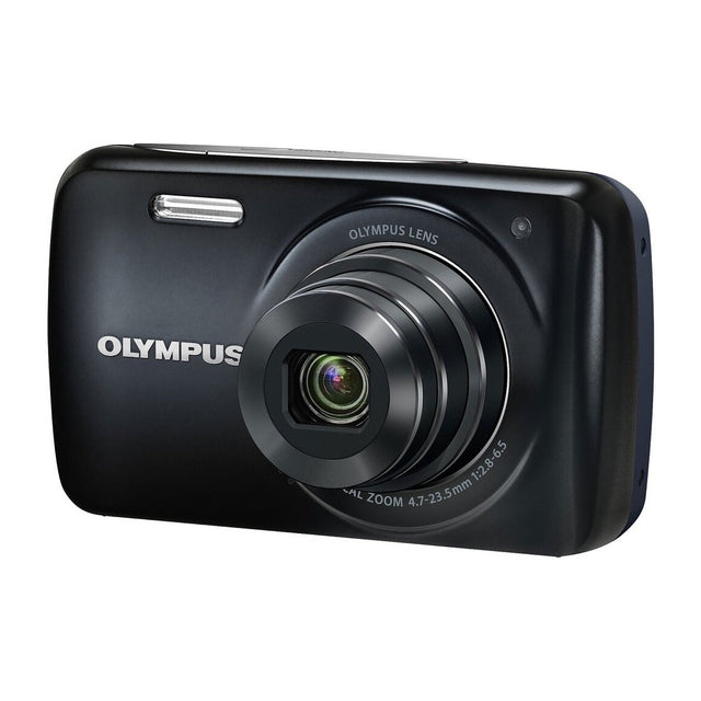 Olympus VH-210 digitale compactcamera, zwart, voorkant schuin met uitgeschoven zoomlens, tweedehands