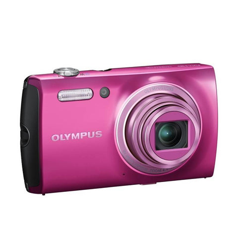 Olympus VH-510 digitale compactcamera, roze, voorkant schuin met zoomlens, tweedehands