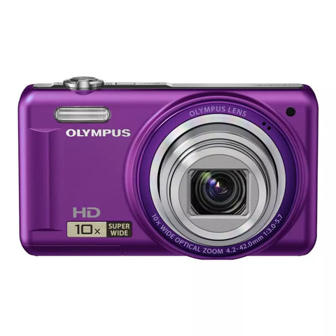 Olympus VR-310 compactcamera, paars, voorkant met 10x zoomlens en HD-opschrift