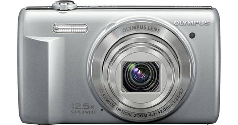 Olympus VR-370 digitale compactcamera, zilver, voorkant met 12.5x zoomlens, tweedehands