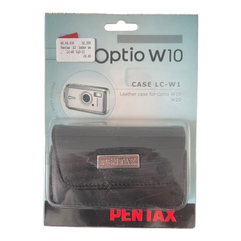 Pentax Optio W10 LC-W1 leren cameratas, zwart, blisterverpakking voorkant met prijssticker, nieuw in verpakking