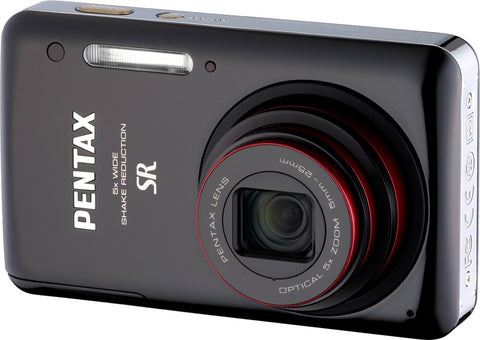 Pentax Optio S1 digitale compactcamera, zwart, schuin vooraanzicht met 5x zoomlens, tweedehands