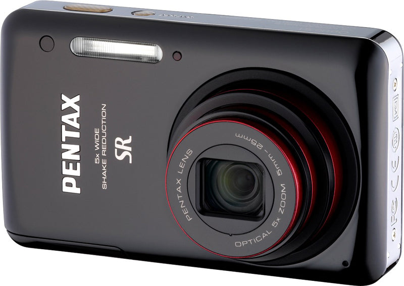 Pentax Optio S1 digitale compactcamera, zwart, schuin vooraanzicht met 5x zoomlens, tweedehands