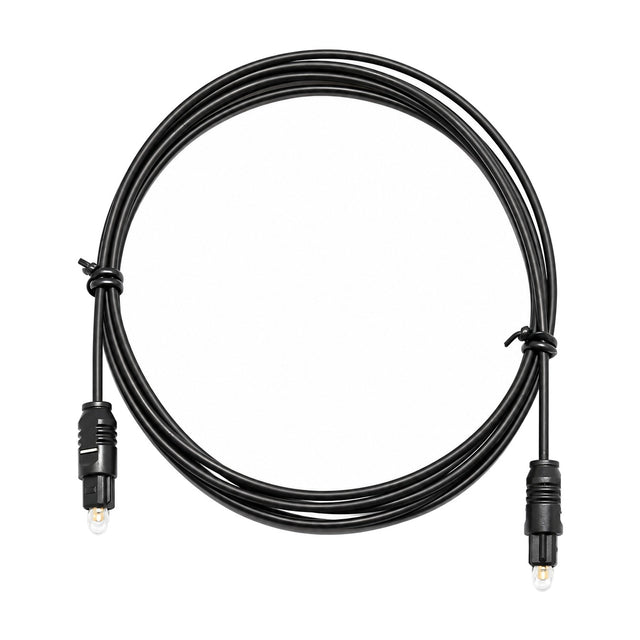 Zwarte optische Toslink-kabel van 1,5 meter, opgerold, met twee Toslink-stekkers