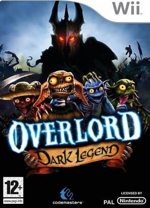 Nintendo Wii Overlord Dark Legend van Codemasters, doos voorkant met Overlord en minions, tweedehands