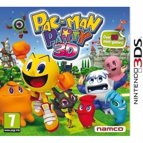 Nintendo 3DS Pac-Man Party 3D van Namco, doos voorkant met Pac-Man en gekleurde spookjes, tweedehands