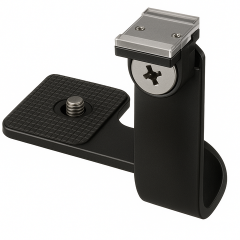 Panagor flitsbeugel voor macro converter adapter, zwart met metalen flitsschoen en statiefschroef