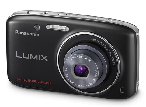 Panasonic Lumix DMC-S2 digitale compactcamera, zwart, schuin van voren met 4x zoomlens, tweedehands