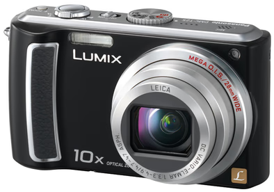 Panasonic Lumix DMC-TZ5 compactcamera, zwart, voorkant met Leica 10x zoomlens