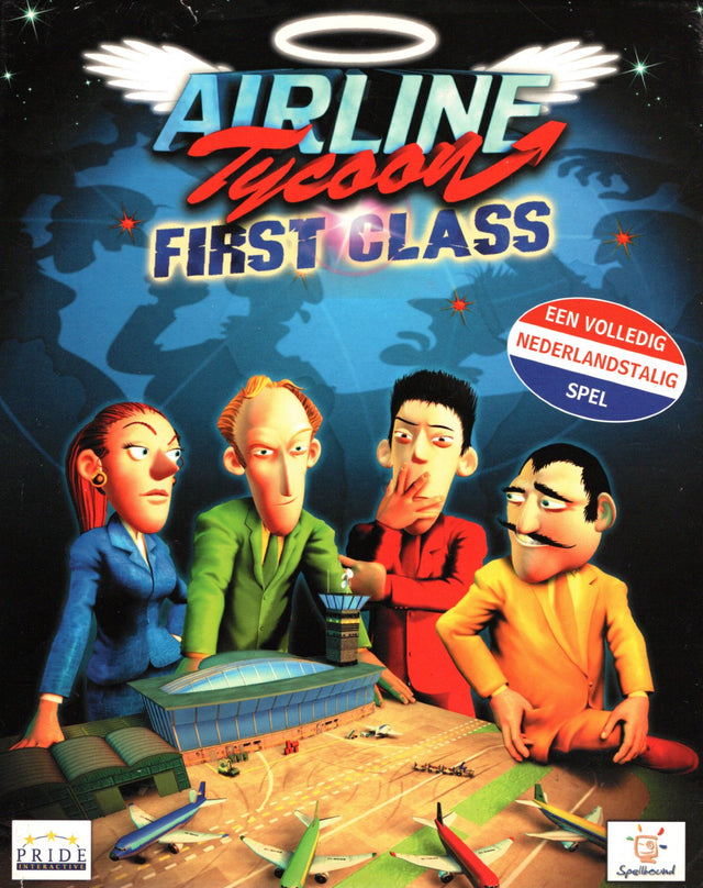PC Airline Tycoon First Class big box, doos voorkant met sticker volledig Nederlandstalig, tweedehands