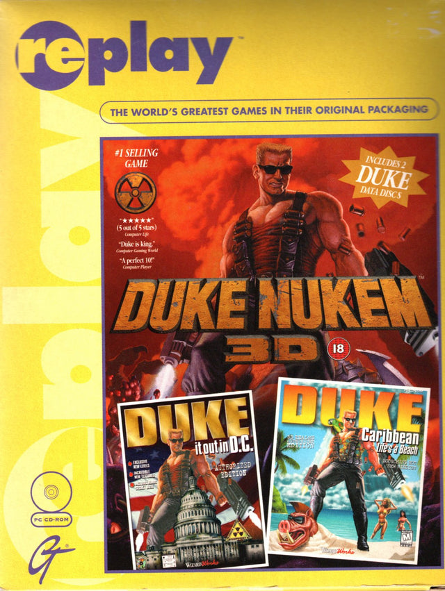 PC Duke Nukem 3D big box, Replay-uitgave met Duke It Out in D.C. en Duke Caribbean, doos voorkant, tweedehands
