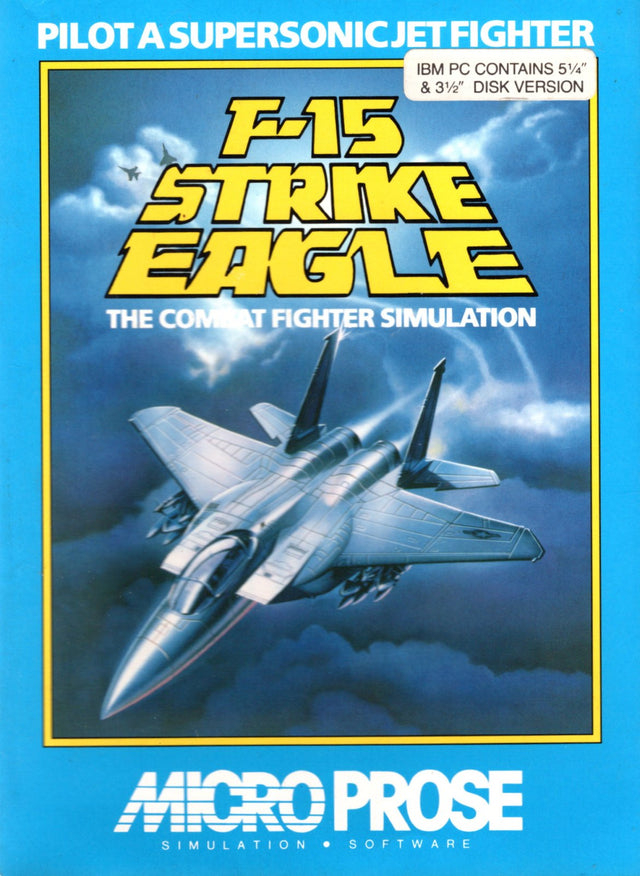 PC big box F-15 Strike Eagle van MicroProse, doos voorkant, versie met 5,25 en 3,5 inch diskette, tweedehands