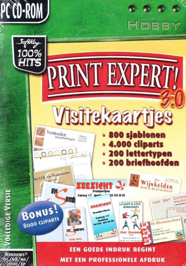 PC Print Expert 3.0 Visitekaartjes, 100% Hits-uitgave, cd-rom-doos voorkant met voorbeeldkaartjes, in seal