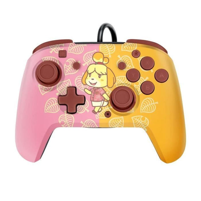 PDP Faceoff Deluxe+ Audio wired controller voor Nintendo Switch, Animal Crossing-editie, roze met geel, voorkant, tweedehands