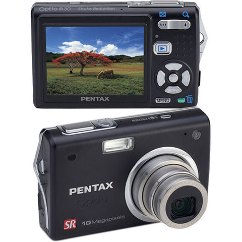 Pentax Optio A30 compactcamera, zwart, voorkant en achterkant met scherm boven elkaar, tweedehands