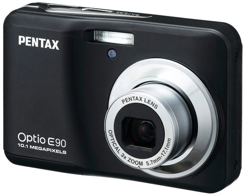 Pentax Optio E90 compactcamera, zwart, schuin van voren met 3x zoomlens, tweedehands