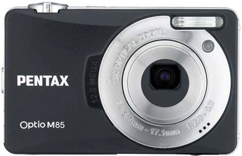 Pentax Optio M85 digitale compactcamera, zwart, voorkant met 3x zoomlens, tweedehands