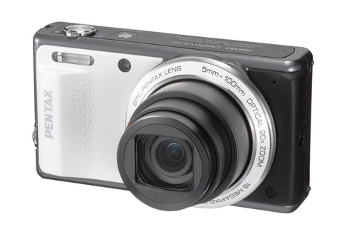 Pentax Optio VS20 digitale compactcamera, wit, voorkant schuin met 20x zoomlens, tweedehands