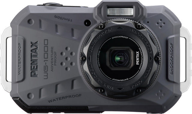 Pentax WG-1000 waterdichte compactcamera, grijs, voorkant met 4x zoomlens en flitser, tweedehands