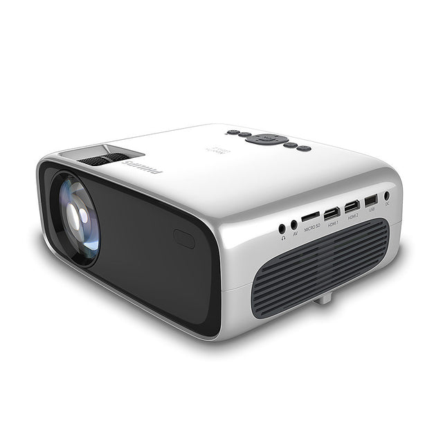 Philips NeoPix Ultra 2 NPX642/INT Full HD projector, zilver met zwart, schuin van voren met lens